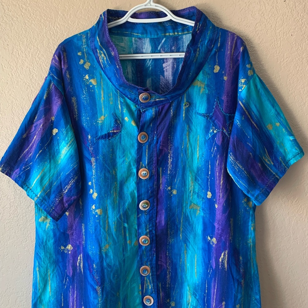 Abstract Art-To-Wear Blue Purple Button Front Artsy Boho Blouse - Picture 4 of 11